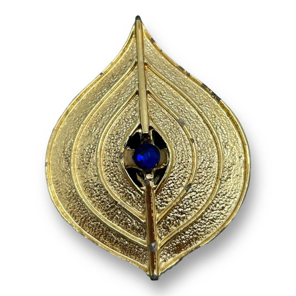 Vintage Gold Tone Blue Rhinestone Leaf Pin Brooch